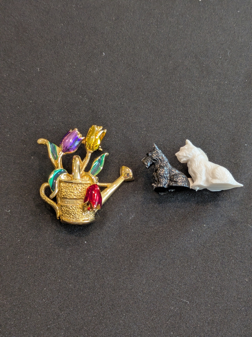 Gold Watering Can Tulip Brooch with Colorful Enamel And Dogs